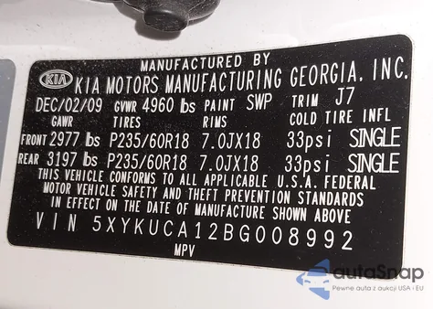2011 Kia Sorento Ex from USA, damaged, VIN 5XYKUCA12BG008992